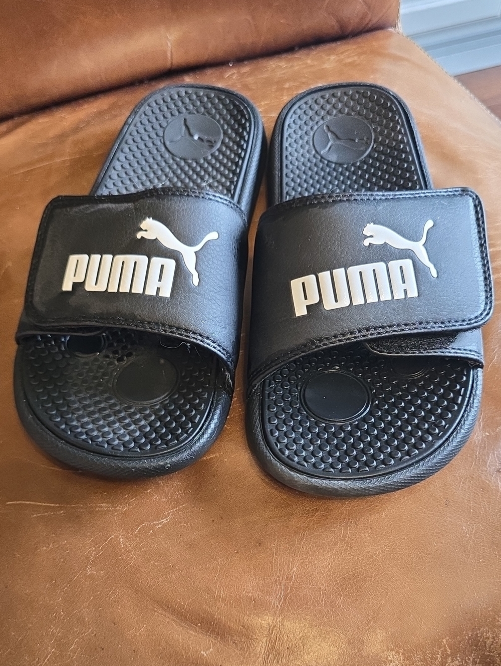 Puma Black Kids Adjustable Size 5 Slide Sandals with White Logo